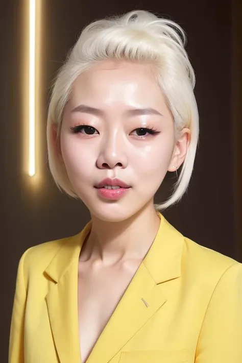 Portrait of a desirable Loving South Korean woman with pearlescent skin and white hair by Billy Childish, trending on CGSociety. , 2k resolution, 16k resolution, Indirect Illumination, Raster graphics , School bus yellow Color Scheme