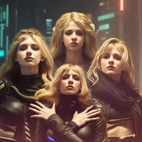 3 Russian 10 years old girls, With Long Blonde Straight Hair, With Black Leather Jackets, short leather skirts, singing into a microphone
