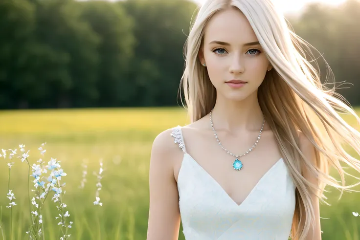 (hyperdetailed), hyperresolution 8k wallpaper, best quality, beautiful european (young 1girl), (detailed cute face+eyes), aqua iris, detailed wavy blonde medium hair, real hair movement, simple pure white dress, simple silver necklace, walking on blooming meadow, sunny day, cinematic lighting, photorealistic, sharp focus, wide angle, pov face