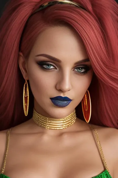 photo of rousing 22yo <lora:urbosa:0.95> urbosa, dark skin, red hair, green eyes, matte blue lipstick, golden jewelry, earrings, choker, armlet, hair ornament, anklet (goth/punk/metal) BREAK ((photorealistic), realistic face), medium breasts, beautifully detailed woman, realistic face, detailed mouth, extremely detailed eyes_and_face, beautiful attractive face, beautiful detailed eyes, (photorealistic), pronounced feminine feature, matte eyeshadow, eyelashes, eyeliner, perfect thin body, smooth skin, dynamic posing, toned body, flat belly, BREAK color HD photo, Sony a7C Mirrorless Camera, (full-body shot, high quality photo, masterpiece), HDR, 8K resolution, analogue RAW DSLR, best quality, absurdres, vivid vibrant colors, skin pores, intricate detail, (intricately detailed face_and_eyes), realistic human hands, sophisticated detail, (realistic lighting, sharp focus), centerfold, bokeh, official art, 8k wallpaper, ultra high res, professional photography