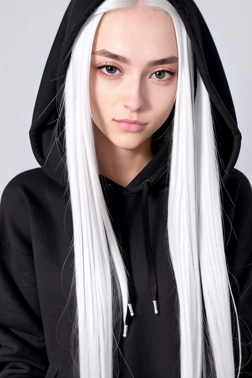 a photo of a young woman, long white hair, black hoodie, high quality, high resolution, very coherent, clear focus, well defined, (teenage:0.5)