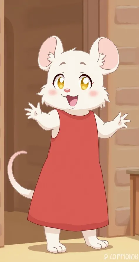 score_9, score_8_up, score_7_up, score_6_up, score_5_up, score_4_up, solo, (fluffy:0.8), (feral), furry, (((mouse))), female, (fluffy cheeks:0.7), (simple red dress), cute, (solo), j_cartoon, indoors, cottage, look at viewer, (smile:0.5), (surprised expression:0.5), action pose, gold eyes, white fur, beckoning, low angle view, upper body shot,