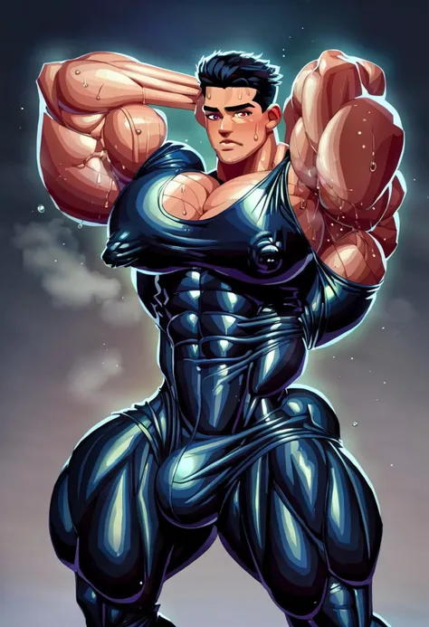 score_9, score_8_up, score_7_up,,bara, muscular male, black bodysuit,huge erection under clothing,  solo, tight clothing, covered nipples, huge nipples, large pectorals, thick thighs, armpits, sweat, hyper pecs, huge pecs, realistic,Expressiveh, <lora:birisoba01-step00004000:1>