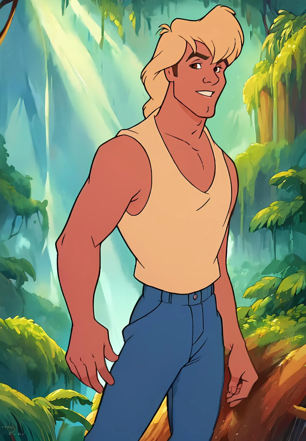 score_9, score_8_up, score_7_up, score_6_up, animation, retro artstyle, disney style, <lora:Zak_pxl_V0.0-000050:0.8> z9k, 1boy, a boy is standing in a forest. he is wearing a blua tank top and blue pants,
location: outdoors, rainforest, watercolour background
artistic composition
<lora:Disney_Renaissance:0.7>