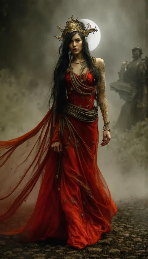 A woman with an ornate headdress adorned with a crescent moon, clad in a flowing vermillion gown, strides forth, her ebony hair cascading like a raven's wing, entwined with crimson ribbons that writhe in the ethereal breeze. Her gaze, a symphony of power and mystery, pierces the veil of the twilight forest, where three spectral wolves, limned in shades of charcoal and ash, attend her passage. The foreground, a tapestry of gnarled branches and crimson berries, conceals the memento mori of bleached skulls, a stark counterpoint to the vibrant life pulsating through the scene. The woman's regality should be emphasized, her figure commanding the canvas as the wolves seem to emanate from her very being, their forms coalescing from the swirling energy of the composition. A low camera angle accentuates her stature, while a play of light and shadow deepens the enigmatic aura that cloaks her form. The background, a symphony of inky silhouettes and diaphanous mist, hints at a world cloaked in folklore and ancient magic. Hyperrealistic digital illustration, octane render, volumetric lighting, anamorphic lens flares, global illumination, high dynamic range, s-curve contrast, filmic gamma curve