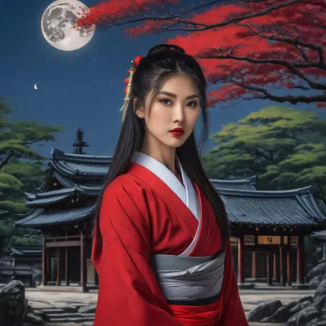 masterpiece, excellent quality, 1 girl, black hair, long hair, grey eyes, muscular woman, asian face, high cheekbones, bold brushstrokes, light eyes, moon, tree, red hakama, shrine maiden