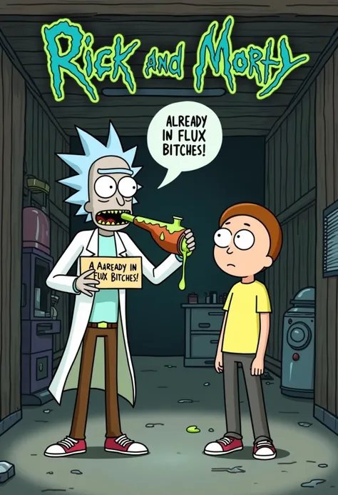 cartoon, Title "Rick and Morty", Rick Sanchez in the garage, drinking form a hip flask. green vomit dripping from mouth, Looking at the viewer, holding a sign "Already in FLUX bitches!" Morty Smith standing next to him. word bubble "oh geeze!"