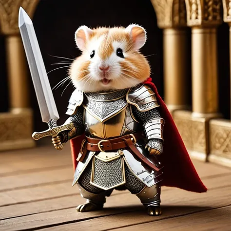 Epic scene of a (hamster:1.2) in detailed (medieval armor:1.4), holding a (shining sword:1.2) aloft like a hero, colors vibrant (gold:1.1) and (silver:1.1), action triumphant pose, atmosphere (mystical:1.1), style reminiscent of medieval tapestries, high resolution