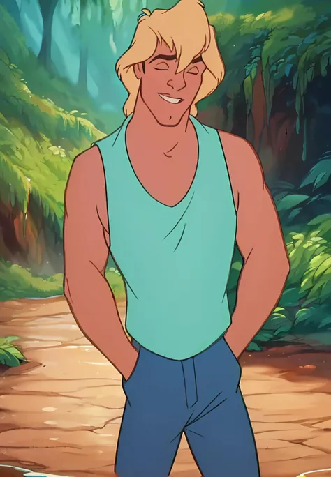 score_9, score_8_up, score_7_up, score_6_up, animation, retro artstyle, disney style, <lora:Zak_pxl_V0.0:0.8> z9k, 1boy, a boy is walking in a forest. he is wearing a blue tank top and blue pants,
location: outdoors, rainforest, watercolour background
artistic composition
<lora:Disney_Renaissance:0.7>