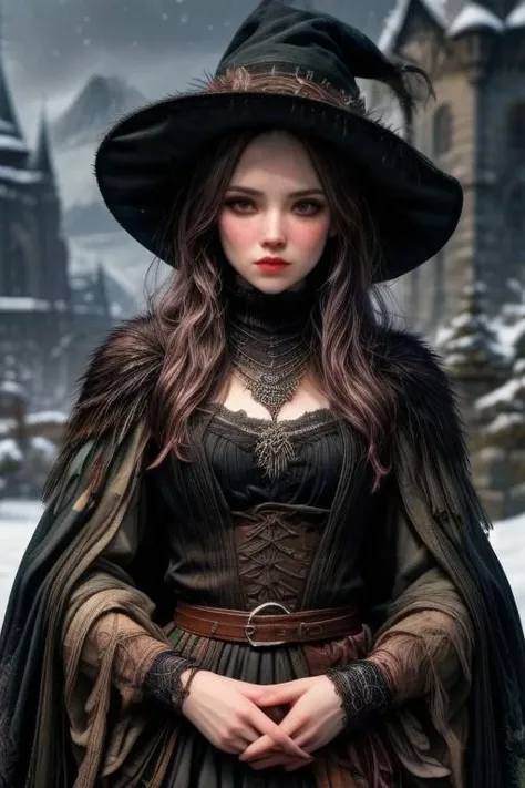 (masterpiece:1.2), (best quality,:1.2), 8k, HDR, ultra detailed, ((photorealistic)), cinematic lighting, cowboy shot, depth of field, Lord of the Ring, dark fantasy,
(female:1.5) witch, grim expression,
slim face, perfect face, perfect hands, eye contact, realistic face, realistic eyes,
background gloomy castle in snow covered mountains at noon,