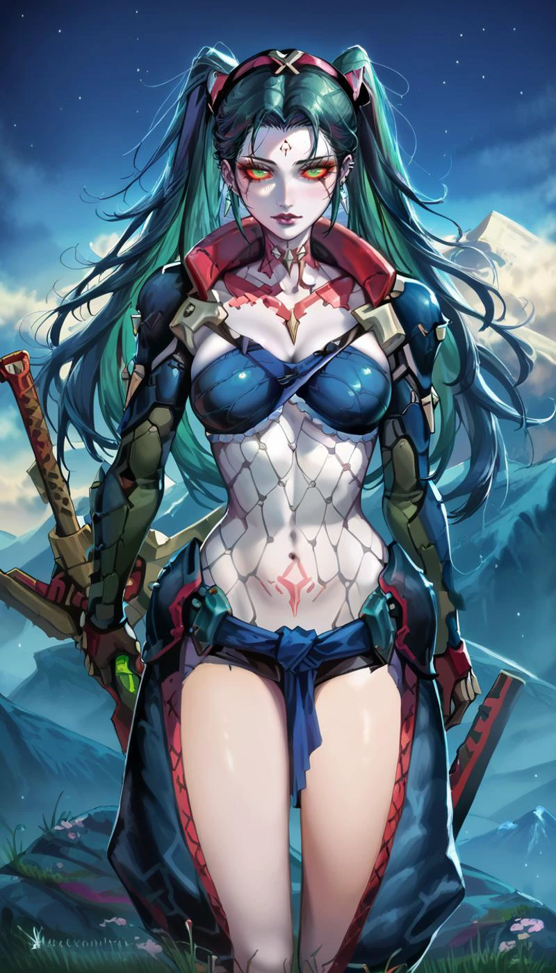 score_9, score_8_up, score_7_up, 1girl, detailed background, realistic lighting, fit body , thin hip, detailed background, dark makeup, goth girl, green eyes, big breast, multicolored hair, ear piercing, chocker, wallpaper, cover page,
<lora:cyberpunk-rebecca-ponyxl-lora-nochekaiser:0.7> rebecca, long hair, green eyes, green hair, colored skin, colored sclera, white skin, red sclera, artificial eye, mechanical eye, cyborg, red pupils, stomach tattoo, neck tattoo, || twintails,
mountains, mountain scape,
<lora:Nargacuga armor ponyXL v2.2:0.8> nargacuga girl
<lora:Expressive_H:0.8> Expressiveh
<lora:Sakimichan_Style_till_24:0.8>, sakimichan ,
<lora:planted_sword:0.8> planted-sword, holding sword