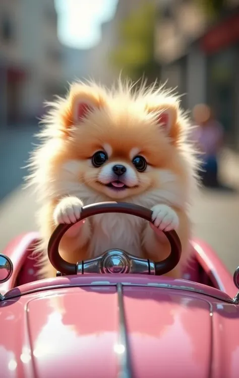 amazing quality, masterpiece, best quality, hyper detailed, ultra detailed, UHD, perfect anatomy, portrait, dof, hyper-realism, majestic, awesome, inspiring, - a fluffy cute #giz# gizmo driving a pink convertible car toy , Hands the steering, wheel down, hair moving through speed ,cinematic composition, soft shadows, national geographic style,