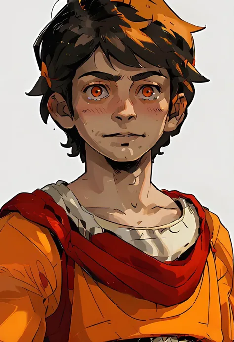 score_9, score_8, score_9, BREAK, solo, male child, miguel, sky orange hair, long short hair, sky orange eyes, blushing, blush, sky orange cardigan shirt, standing straight, hands relaxed, confident stance, Eye-level shot, centered subject, natural daylight, shadow, natural lighting, upper body