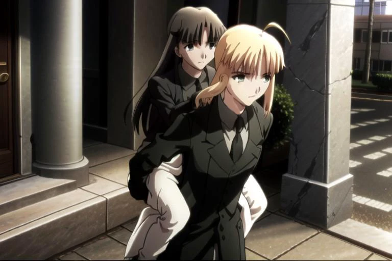 best quality, masterpiece, phSaber, phAltoria, 2girl, solo, gloves, formal, suit, necktie, ponytail, black gloves, tohsakaaoi, long hair, brown eyes, blunt bangs, dark green hair, long dress, shawl, long sleeves, piggyback, carrying, ribbon, walking <lora:saber_v1:0.9> <lora:Carrying_XLPD:0.5>