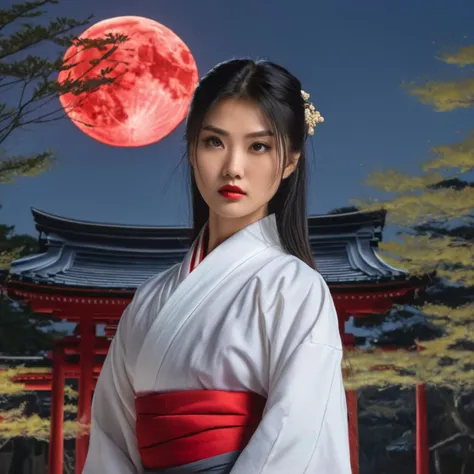 masterpiece, excellent quality, 1 girl, black hair, long hair, grey eyes, muscular woman, asian face, high cheekbones, bold brushstrokes, light eyes, moon, tree, red hakama, shrine maiden