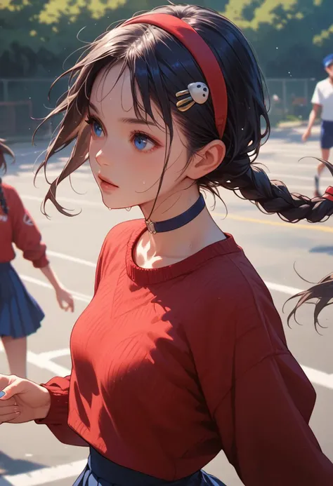 score_9, score_8_up, score_7_up, score_6_up, 1girl , (score_9, score_8_up:1.1), score_7_up,
<lora:Mita:0.75>, dark blue eyes, dark blue hair, braids hair, red hairband, choker, red sweater, blue skirt, hair ornament, white and blue hairband on each braid, pale clean skin, small breasts, detailed background, cute face, dynamic pose, lying on bed, perfect face, running to the busstop, running, perfect hands, natural nails, from the side, sweating