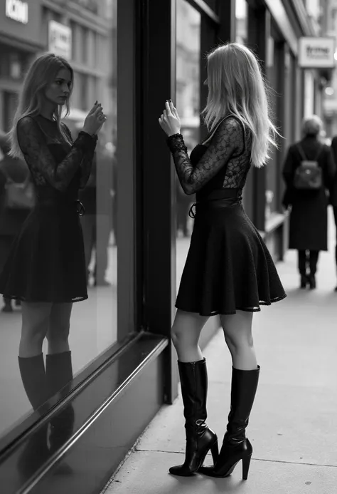 black and white photo, woman in black lace corsage and skirt putting on black leather boots, standing in front of shop window, watching her own reflection, people outside watching her <lora:Flux_Perfect body_rank16_fp8_e4m3fn:1>
