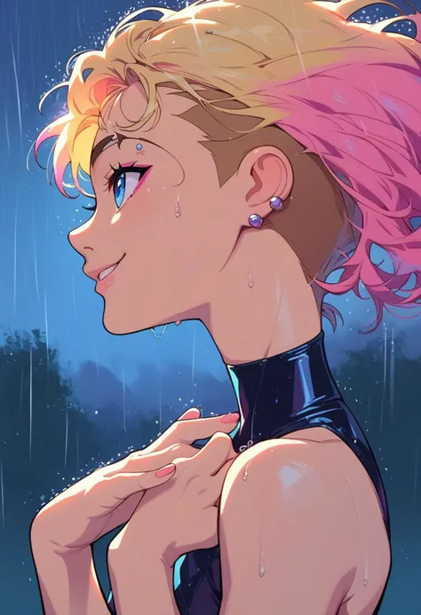 score_9, score_8_up, score_8, score_7_up, score_7, adult female, closeup headshot portrait, side view, looking up to sky, hands up, raining, smile, spider gwen, medium tits, Paris street, at night, dark background, neon glow, close to viewer, blonde and pink hair, cute face, latex thigh high heels, ear piercing, anime girl, petite body, thin, short, small face, wearing sleeveless vinyl halter dress open sides, dancing, vibing, standing, easynegative,
