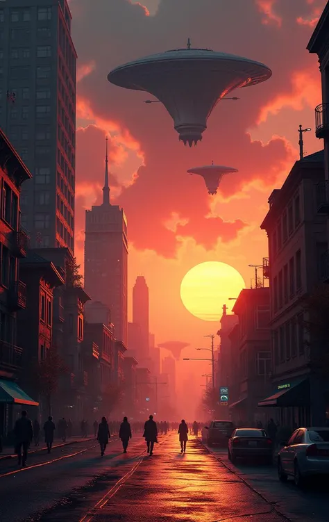 ultra realistic and detailed low-angle shot, of a city attacked by alien ships, at sunset, many details comic book cover