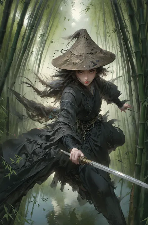 <lora:绪å¿XL æ¦ä¾ :0.8>,XUER martial arts style,bishoujo,1girl,long hair,((black attire)),bamboo forest,midair,holding sword,masterpieces,inctricate detailed,detailed background,insane quality,perfect face,extremely beautiful and dedicated,realistic,real,absurdres,ultra-high resolution,sharp focus,hat,