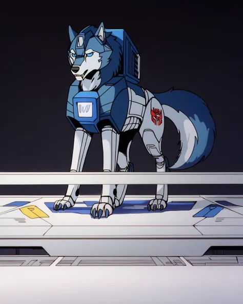 blue eyes, robot Wolf , Blue Wolf,  tail, wolf tail, feral, blue and white body,  transforms into a cassette tape, [animation:transformers:0.44] score_9_up <lora:Transformers 86 FT:0.8>