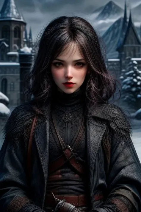 (masterpiece:1.2), (best quality,:1.2), 8k, HDR, ultra detailed, ((photorealistic)), cinematic lighting, cowboy shot, depth of field, Lord of the Ring, dark fantasy, 
(female:1.5) vampire hunter, grim expression, 
slim face, perfect face, perfect hands, eye contact, realistic face, realistic eyes,
background gloomy castle in snow covered mountains at noon,