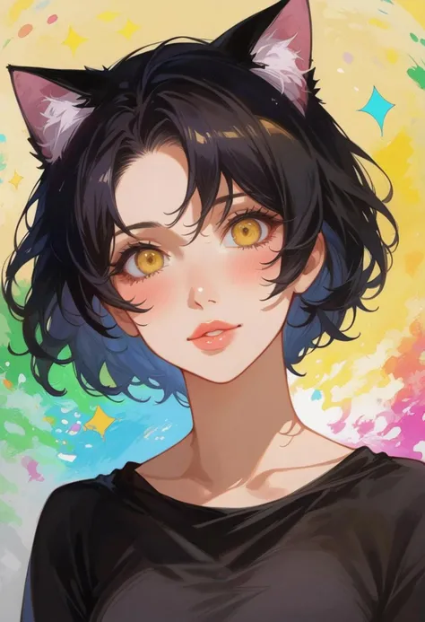 (best quality, masterpiece, colorful, highest detailed), close up, upper body, fashion photography of cute (cat girl), (((young adult))), (yellow eyes), (black hairs, short hairs, messy hairs), ((black cat ears, black cat tail)), in high detailed textured (((simple black dress:1.5))), (ultra-detailed body), (vibrant background:1.3), (intricate details), (dynamic angle), (((full lips, blushing))), ((take place in a European medieval town)), smiling