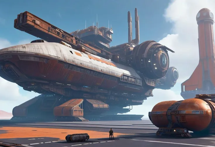 sci-fi, junkworld, spaceport, tarmac, landing pads, (Rusty ship hanger, Rusty tower, (((beautiful, hyper realistic, high quality, highly detailed))), sleek Rusty junkworld neotech spacecraft (freighter), vehicle focus, zoom out,
