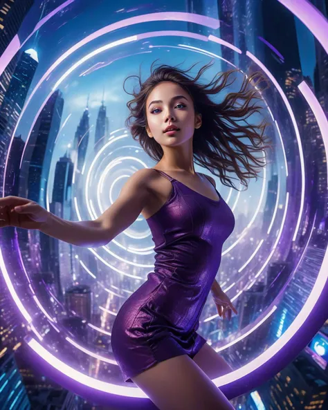 photorealistic photography girl floating in a futuristic vortex of cityscape elements, dynamic perspective, glowing lights, intricate details, deep blue and purple tones, expressive and awe-struck eyes, ethereal and surreal atmosphere, highly detailed background, complex and immersive scene. cinematic lighting, extremely intricate detail character, accurate depiction of character, correct body anatomy, correct hands and fingers, extremely intricate skin and facial texture detail, design,lifelike potrayal, extrememly realistic lighting, extreme dynamic pose, sfw, fully clothes, sharp background detail, wide shot