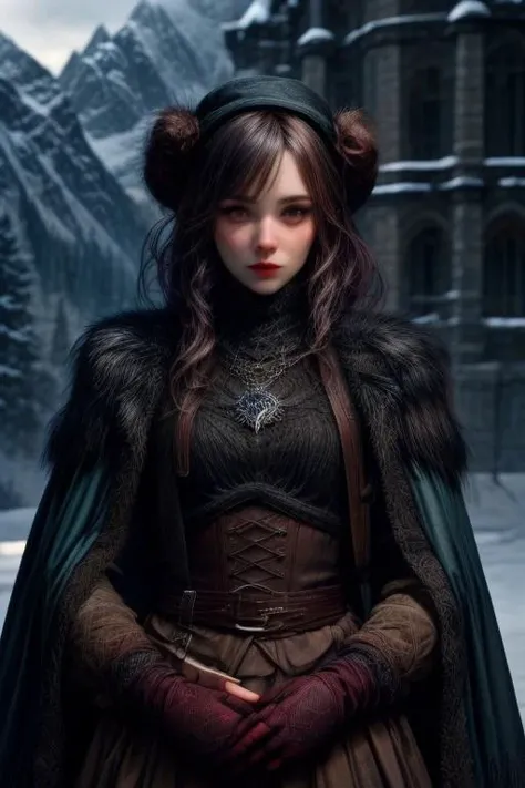 (masterpiece:1.2), (best quality,:1.2), 8k, HDR, ultra detailed, ((photorealistic)), cinematic lighting, cowboy shot, depth of field, Lord of the Ring, dark fantasy,
(female:1.5) vampire hunter, grim expression,
slim face, perfect face, perfect hands, eye contact, realistic face, realistic eyes,
background gloomy castle in snow covered mountains at noon,