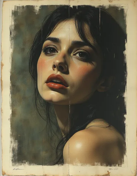 ( a worn out ad poster:1.4) Lithograph dutch angle picture of a crying human, sadness, 45 degrees view, bare shoulder
 <lora:Litograph_Art_Style_for_Flux_-_by_Ethanar:0.8>