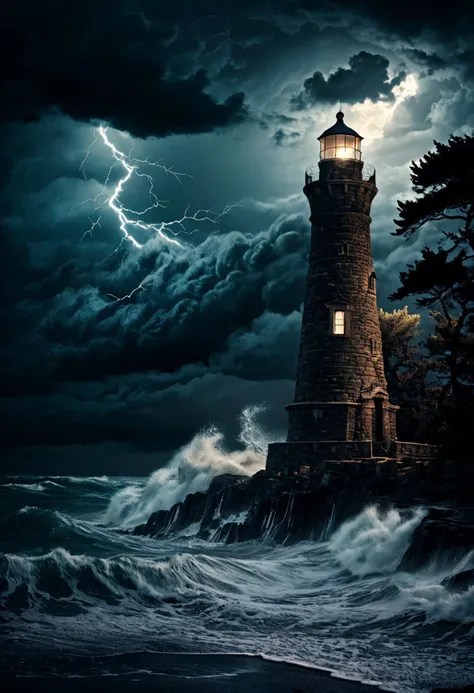 light tower at the sea, stormy sea, strong surf on the stony shore, thunder and lightning, intricate clouds, a few trees that are bent by strong winds, night, moonlight, beautifully crafted architecture, creative perspective, atmospheric, best quality, sharp focus, high contrast, stylized, clear, surreal, ultra quality, 8k, best quality, masterpiece
midjourneyv6.1