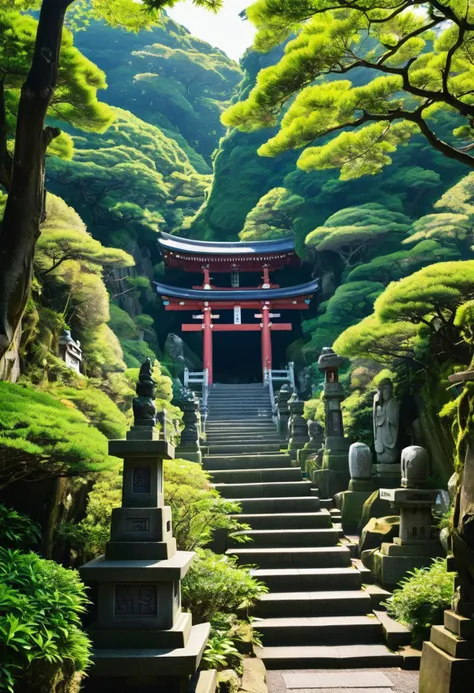 Best quality, masterpiece,
a stone staircase, overgrown on both sides with dense bushes, among which small statues of Karasu-tengu are installed on pedestals, leads to the top of the cliff, where behind the stone torii there is a small Shinto shrine. Sunny weather, bright colors, views from the side and from above,
Intricate, entangled, intricately detailed