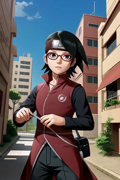 <lora:uchiha_sarada-10:.7> "uchiha_sarada, glasses, forehead protector, konohagakure symbol", building, tail