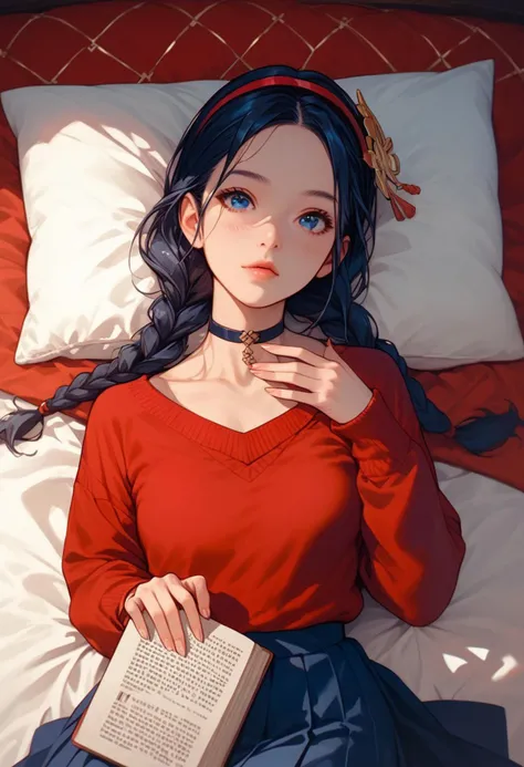 score_9, score_8_up, score_7_up, score_6_up, 1girl , (score_9, score_8_up:1.1), score_7_up,
<lora:Mita:0.75>, dark blue eyes, dark blue hair, braids hair, red hairband, choker, red sweater, blue skirt, hair ornament, pale clean skin, small breasts, detailed background, cute face, dynamic pose, lying on bed, perfect face, lying on the stomach, feet in the air, reading a book, perfect hands, natural nails, looking up to viewer, from above