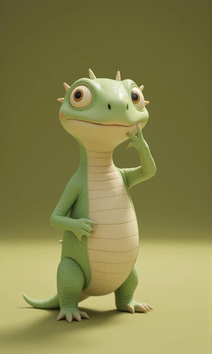 W00lyW0rld, ghiblistyle, A small, cartoon-like reptilian creature standing upright, with a green scaly body and a light beige underbelly. The creature has a round head featuring large, wide yellow eyes with dark outlines, giving it a surprised or curious expression. It has multiple small spikes or protrusions around the top of its head, enhancing its reptilian appearance. The creature's arms are short with clawed hands, positioned near its chest as if holding something or gesturing. It has a long, tapering tail that extends behind it. 3d animation scene, golden age of animation