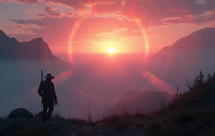 Scene: A surreal, dreamlike dawn over a setting inspired by Ernest Hemingway’s rugged landscapes, brought to life with an art deco twist.

Foreground: The scene is captured with a dynamic pose, showcasing a misty dawn where the horizon is enveloped in swirling fog. Rainbows emerge from the fog, adding a vibrant, almost magical quality to the environment.

Background: The setting transitions smoothly from night to dawn, thanks to Unreal Engine 5's Rendered Landscape technology. The lighting has an art deco style, characterized by bold, geometric patterns and a glamorous, vintage feel.

Details: The environment is rendered in extreme detail, with film grain and a cinematic film still quality. The scene is inspired by vintage photography, featuring elements akin to John Wayne’s painting-inspired character designs and Jim Morrison artwork. The composition is highly contrasted and color-graded to emphasize a cinematic look, reminiscent of high-quality 2000s RAW photos.

Mood: The overall tone is both surreal and vibrant, blending the ethereal beauty of a misty dawn with the dramatic flair of art deco lighting. The photorealistic details and color grading enhance the natural beauty of the scene, creating a high-budget, cinematic feel.

Technical Aspects: The image is rendered in high detail, capturing the essence of vintage photography with a modern, photorealistic approach. The use of Unreal Engine 5 ensures a seamless transition from night to dawn, highlighting the surreal and dynamic qualities of the scene.