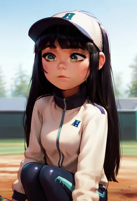 score_9, score_8_up, score_7_up, score_6_up, rating safe, cartoon, 1girl, addie mccallister , kawaii girl , cute face ,beautiful eyes, long black hair, blunt bangs, tracksuit, sweaty skin, fit body, cap, sporty wear, ((playing baseball)), baseball bat, (knees together), tight pants,