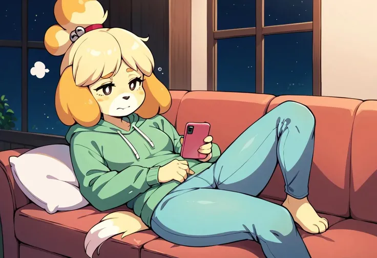 score_9, score_8_up, score_7_up, night, couch, on couch, female, solo, 1girl, cute, isabelle \(animal crossing\), green hoodie, light blue pants, on phone, looking at phone, tired, sleepy