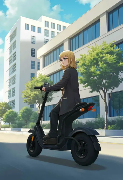 arknights style image, woman with glasses, slight smile, on electric scooter, wears office clothes, blonde hair, bangs, modern research institue building in background, on the road, from side, illustration, romance book cover style