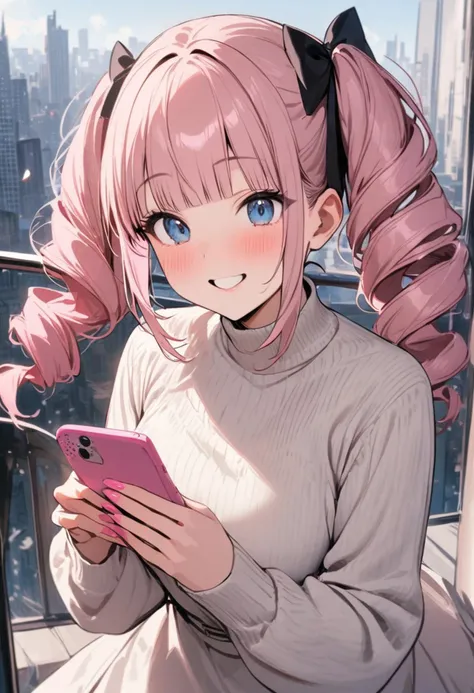 masterpiece, best quality,1girl, hair bow, pink hair, drill hair, twin drills, blunt bangs, no side bangs, blue eyes, smile, long sleeves, white dress, B cup, outside, the city, daytime, happy, pink cellphone, holding cellphone, nail polish, pink nails