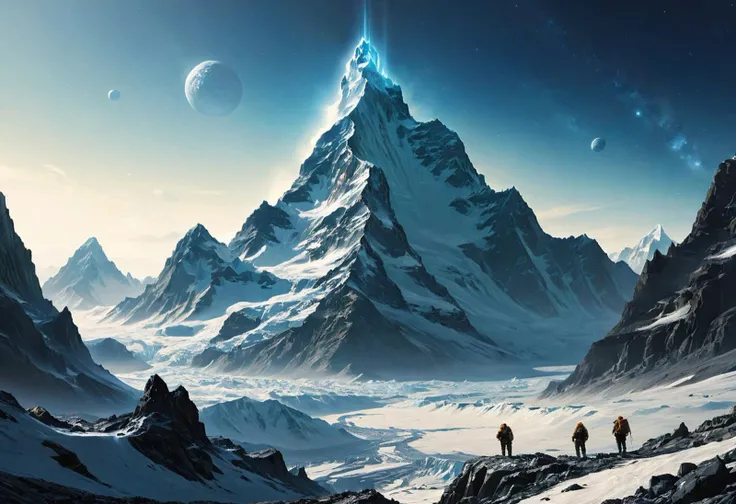 ((cinematic concept-art illustration, ultra-detailed, science fiction, interesting viewpoint)), "Incarnus was a frozen planet discovered in the year 2509, by an expedition of galactic explorers, who came across it just beyond the epsilon eridani system. In the decades since, its icy mountainous surface had become a proverbial mecca for the most dedicated mountaineers, explorers, and mountain climbers, who came from all over the galactic colonies, to experience the incredible peaks and perilous ascents that would make mount everest seem small in comparison."