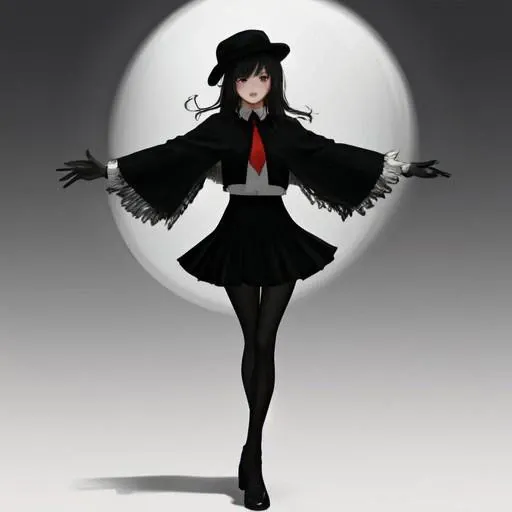 (score_9,score_8_up,score_7_up,),1girl, solo, skirt, shirt, gloves, hat, standing, pantyhose, necktie, capelet, white background, simple background, full body, looking at viewer, long sleeves, outstretched arms