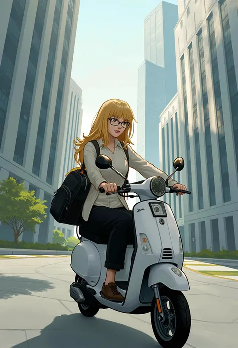 arknights style image, woman with glasses, slight smile, on electric scooter, wears office clothes, blonde hair, bangs, modern research institue building in background, on the road, from side, illustration, romance book cover style
