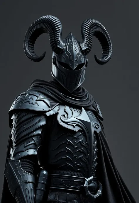 gothic knight with ultra realistic and hyper detailed dark armor + beautiful horned helmet + long black cape + grey background, 8k , octane render