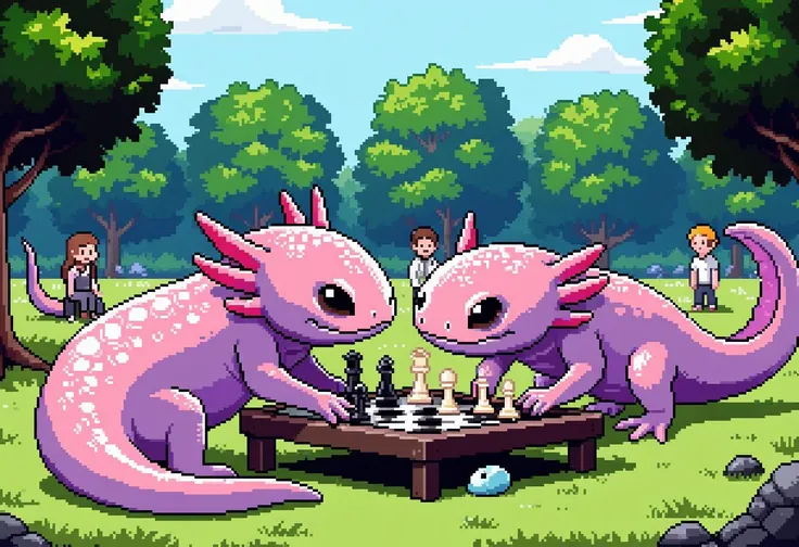 Axolotls engaged in an intense chess match in a quiet park, with onlookers watching intently, pixel art