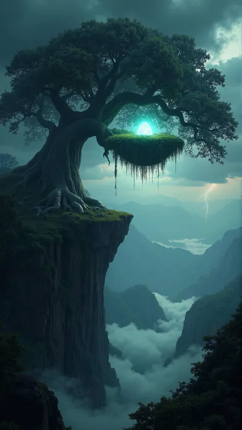 A colossal, ancient tree stands at the edge of a cliff, its roots intertwined with the rocks below. In its branches, an enormous nest cradles glowing eggs, pulsating with an otherworldly light. Below, a dense, fog-filled forest stretches out as far as the eye can see. The sky is filled with dark, swirling clouds, and distant thunder rumbles ominously. Highly detailed, mythological themes, dark fantasy, photorealistic, breathtaking, epic composition, 16k resolution. 
,  <lora:ImageUpgraderV2:0.55> ,detailmaximizer,
<lora:aidmaMJ6.1-FLUX-V0.1:0.85>,midjourneyv6.1