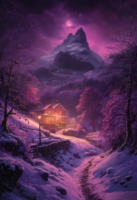 idyllic beautiful winter landscape at night, 4k photorealistic, HDR, dark purple theme, ethereal dramatic lighting, surreal cinematic, nighttime, (darkness:1.1), high details, low angle, Rossdraws, Marc Simonetti, photorealistic digital painting, chiaroscuro image, best quality sharp focus, high contrast, stylized, clear, colorful, surreal, ultra quality, 8k, best quality, masterpiece
midjourneyv6.1