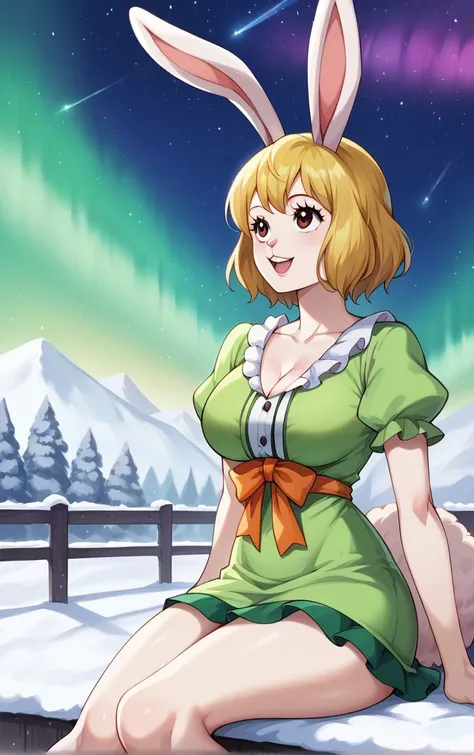 score_9, score_8_up, score_7_up, BREAK
GreenDress_Carrot_ownwaifu,
1girl, blonde hair, rabbit girl, short hair, furry female, rabbit tail, animal ears, brown eyes, rabbit ears, buck teeth, large breasts, animal nose, body fur, white fur, collarbone, bare legs, colored skin,
dress, green dress, short sleeves, puffy sleeves, bow, cleavage, puffy short sleeves, frills, green shirt, short dress,
(sitting, looking up), aurora, shooting star, star \(sky\), winter, snow, night, scenery, outdoors, <lora:PONYXL_ONEPIECE_Carrot_ownwaifu:0.75> , depth of field, solo,