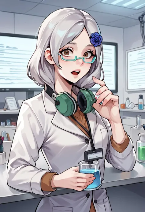 score_9_up, score_8_up, score_7_up, indoors, office, laboratory, source_anime, BREAK
sunnyMGR, silver hair, brown eyes, solo, hair flower, lab coat, scientist, safety glasses, looking at viewer, surprised, laboratory, chemistry